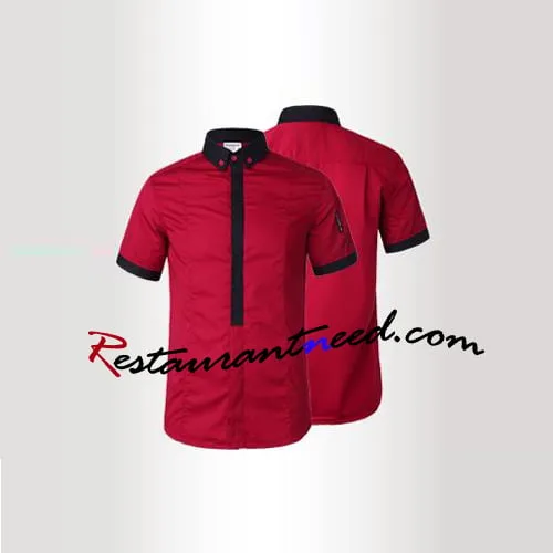 Wine Red Collar Short-Sleeve Waiter Uniform